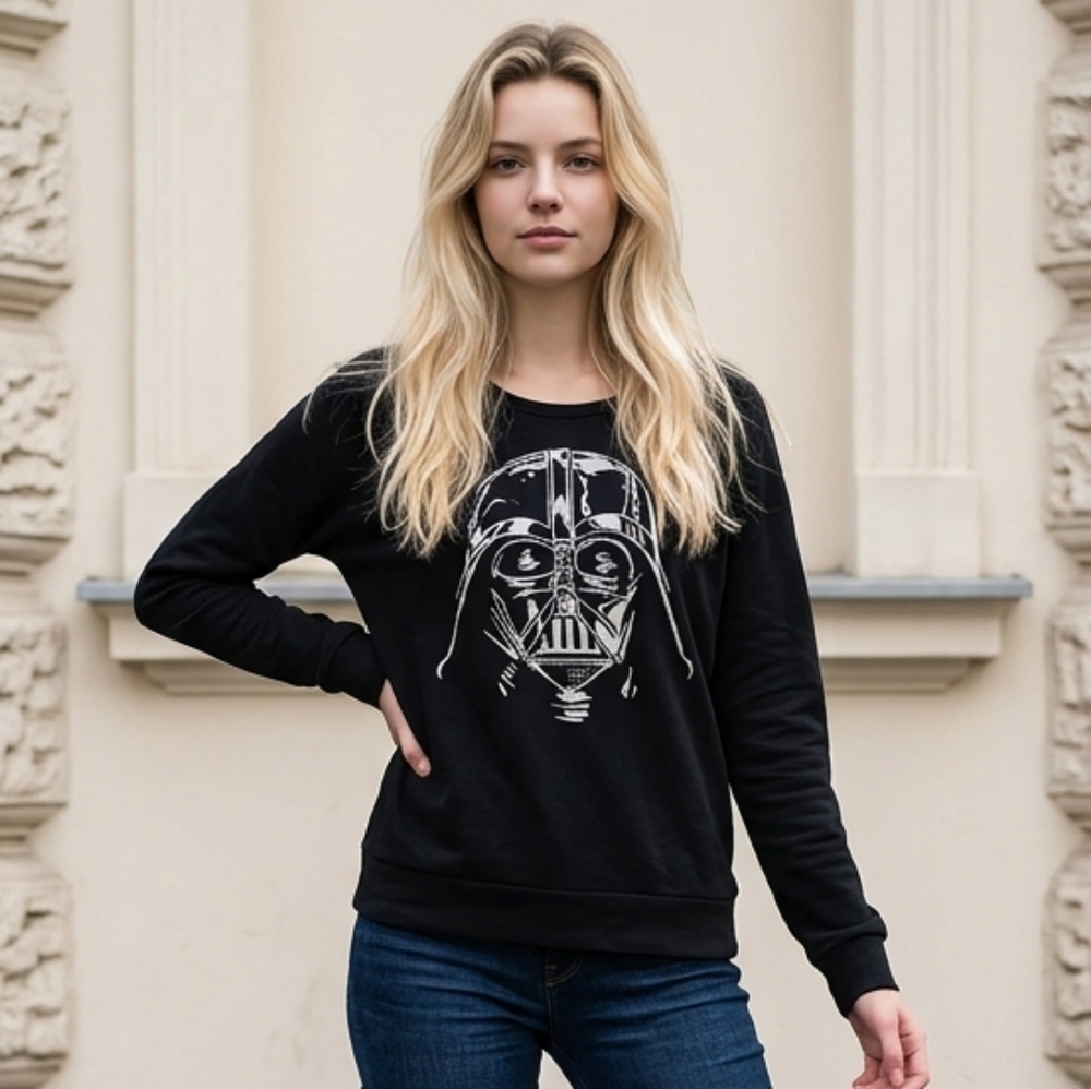 Star Wars Darth Vader Graphic Sweatshirt Black French Terry Wide Neck Juniors L